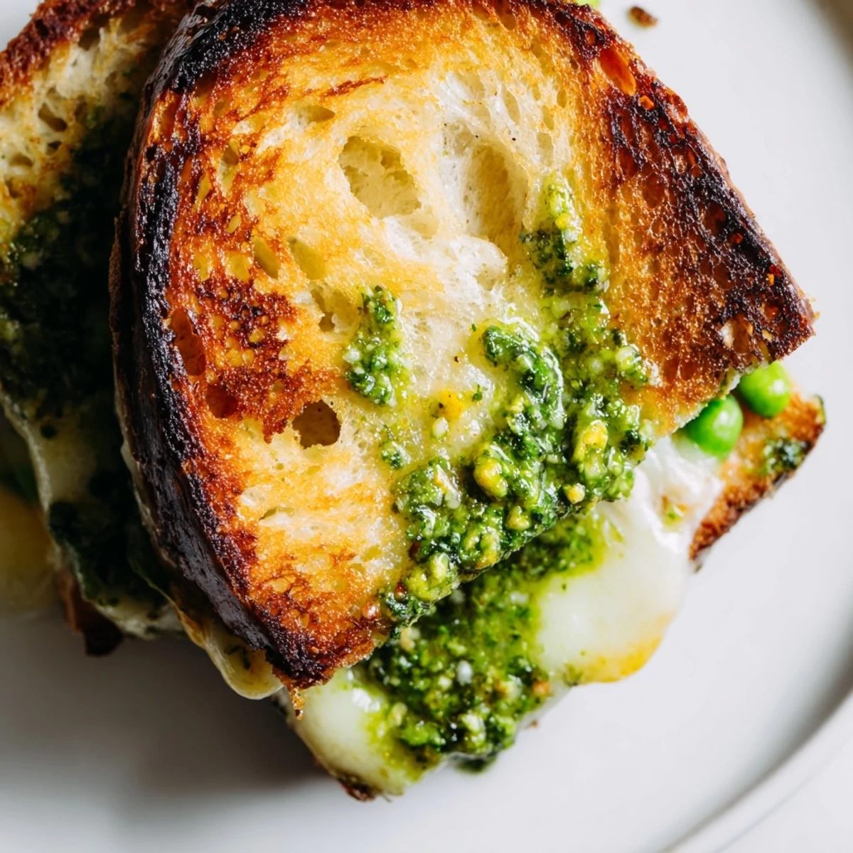 Golden, crisp sourdough slices stuffed with melted mozzarella and bright spring pea pesto, cut in half to reveal the gooey, green filling.