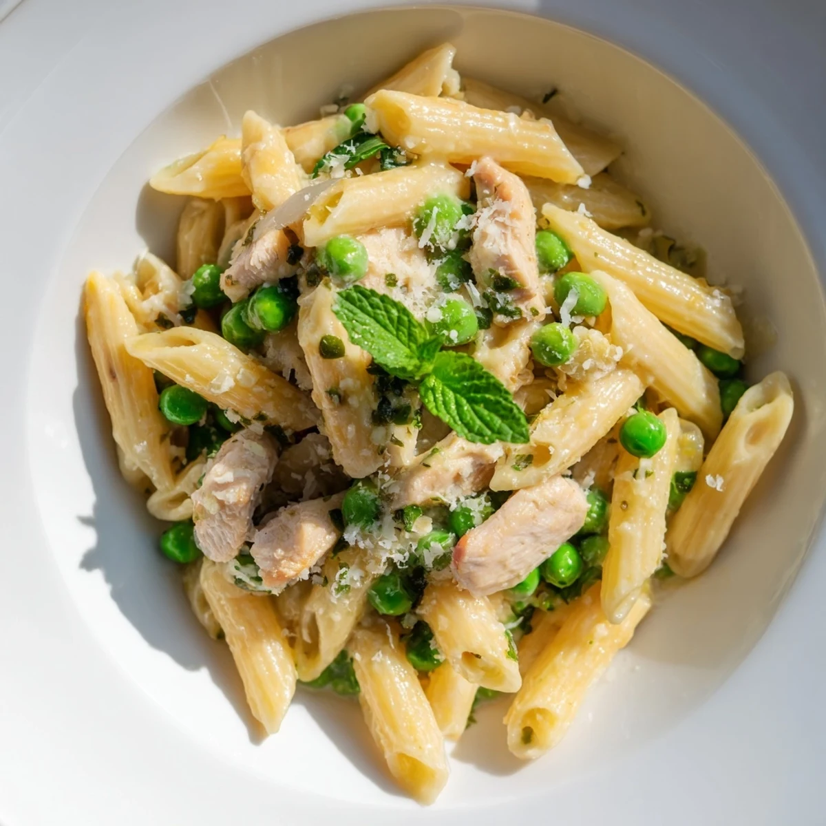 Golden-brown chicken strips and bright green peas are tossed with al dente penne in a glossy, zesty lemon sauce for this vibrant Pea & Mint Chicken Pasta.