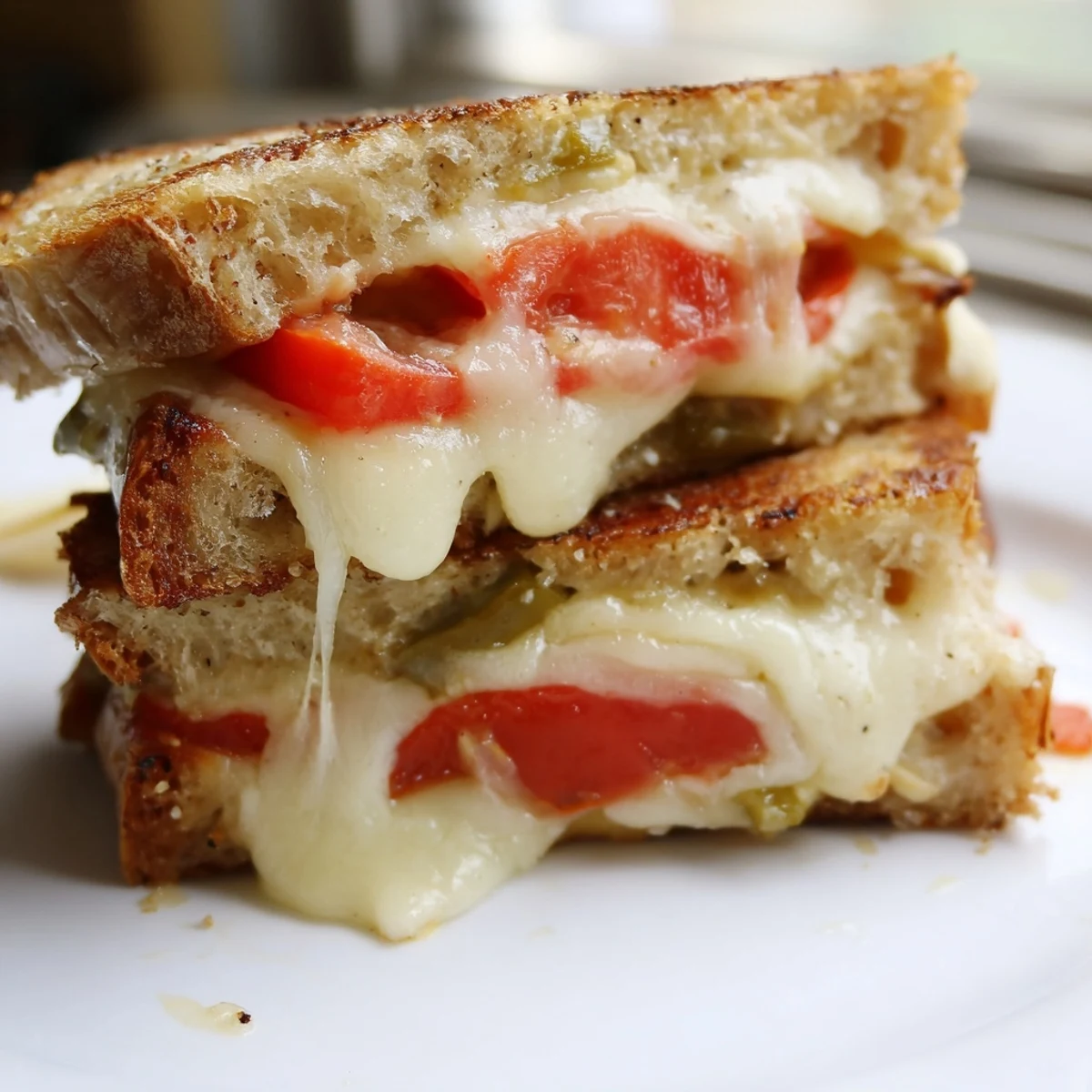 Golden-brown Pepper Jack & Tomato Grilled Cheese with melted cheese oozing from the sandwich halves.