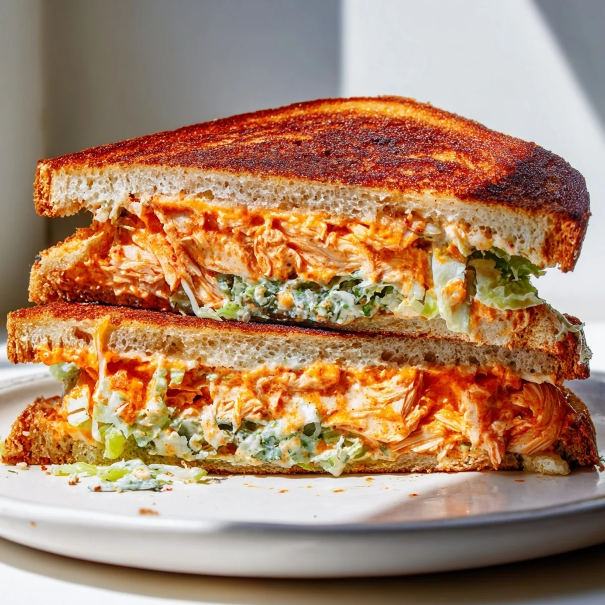 Golden toasted sourdough slices are filled with spicy buffalo chicken, creamy Caesar dressing, and melted provolone cheese.  
