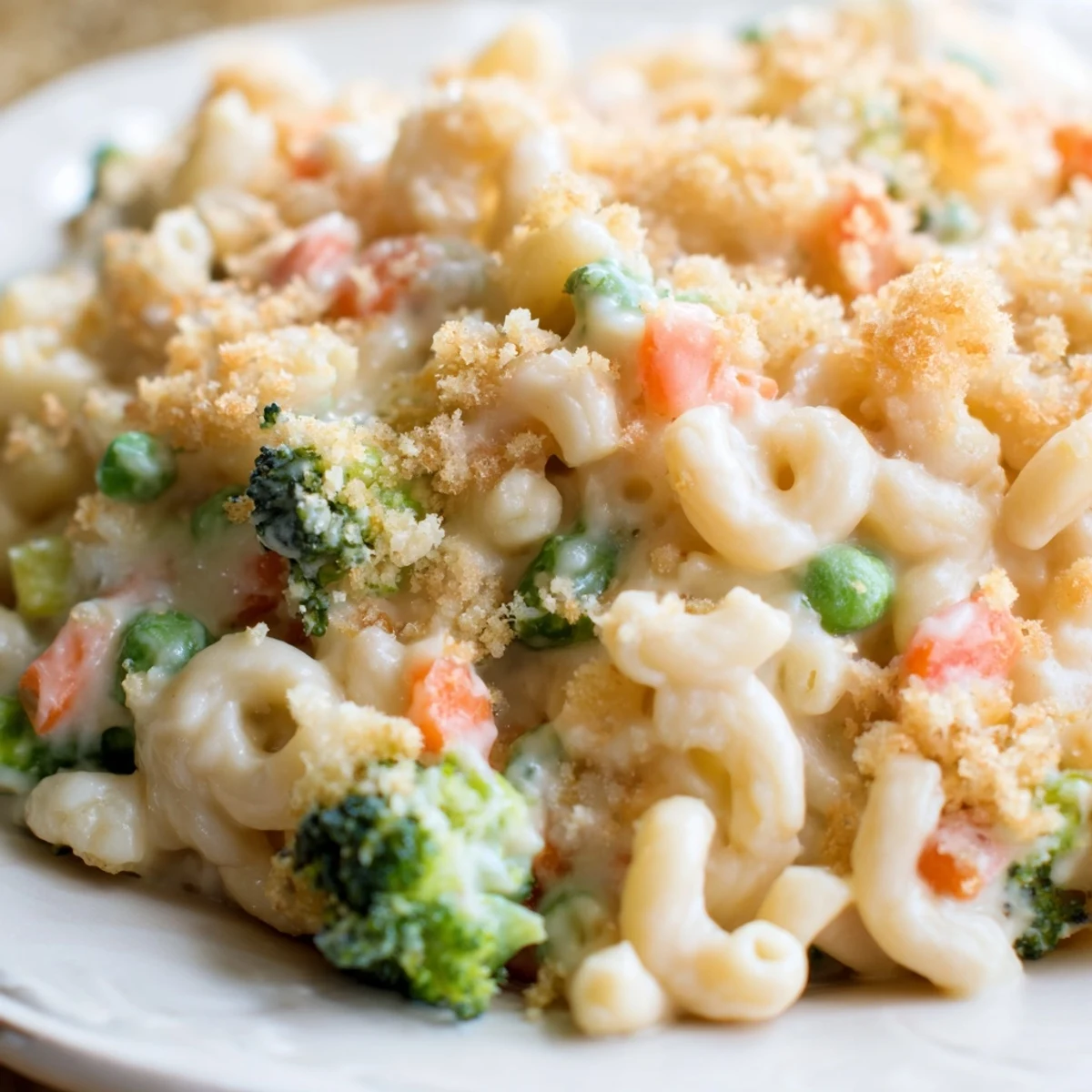 Family-style casserole of Garden Veg Mac and Cheese with vibrant orange carrots and green veggies, bubbling cheese, and golden-brown crumbs, ready to serve for dinner.