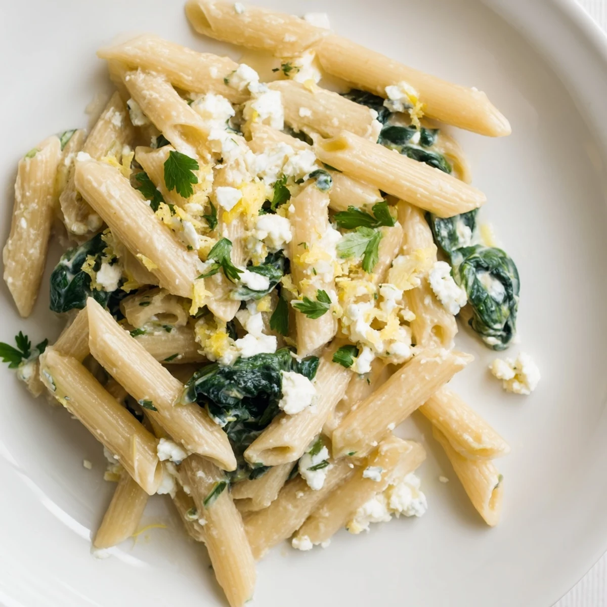 A close-up of Creamy Feta Spinach Pasta in a white bowl, with wilted spinach and crumbled feta in a velvety sauce.