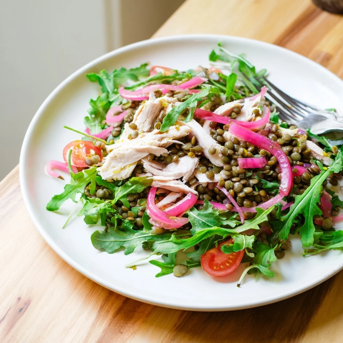Fresh Lentil & Chicken Spring Salad served in a white bowl, featuring colorful cherry tomatoes, pickled onions, and a drizzle of mustard vinaigrette.