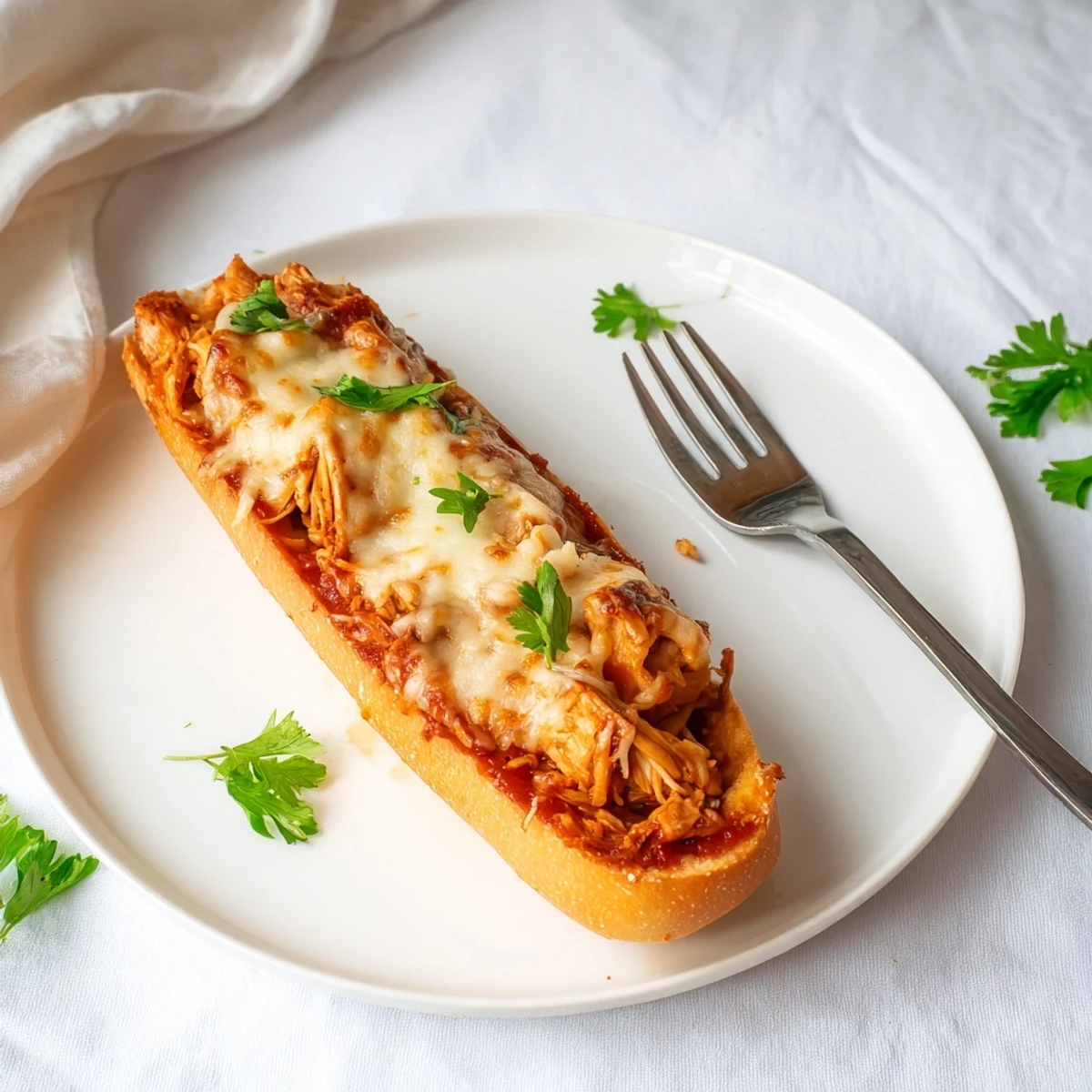 Golden-brown Chicken Parm Stuffed Garlic Bread boats served hot with melted cheese and fresh parsley.