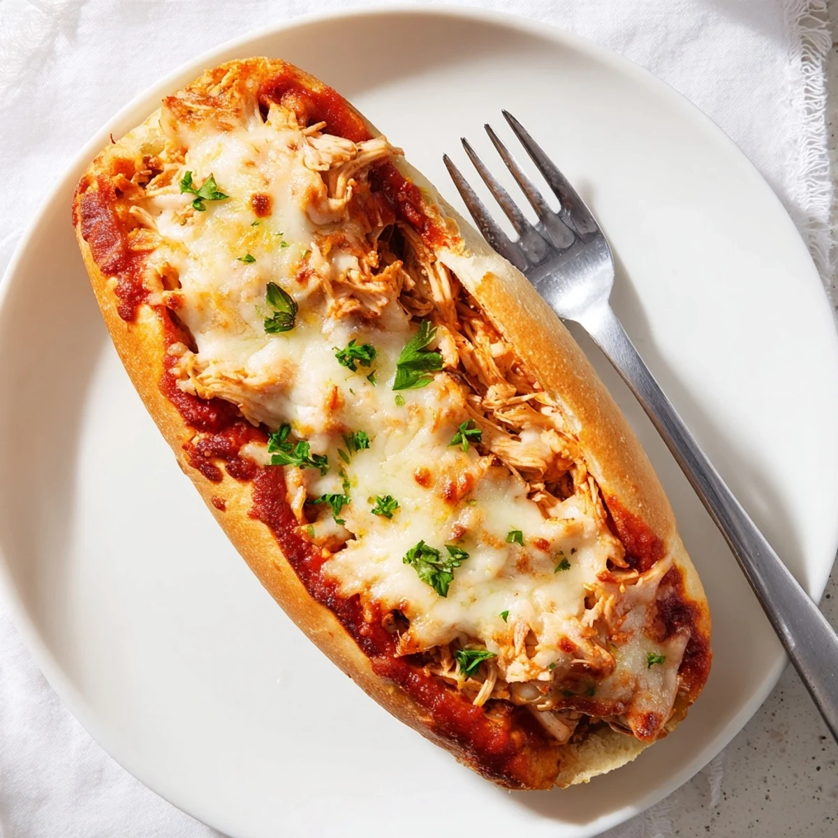 Savory Chicken Parm Stuffed Garlic Bread boats with marinara chicken and melted mozzarella on a wooden board.