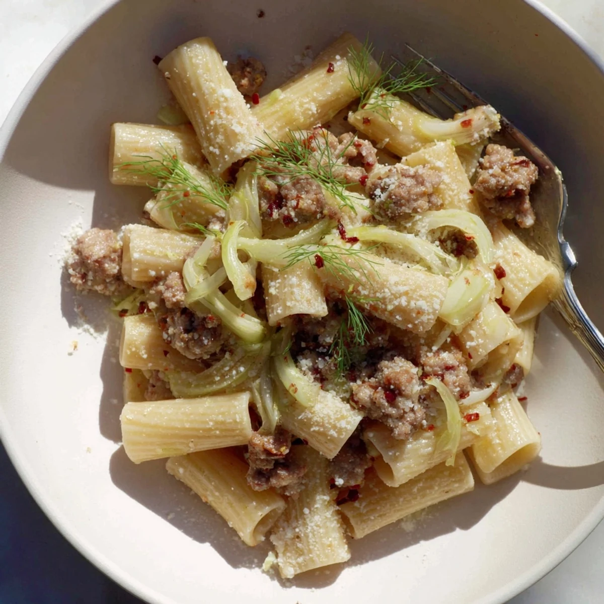 Close-up of Winter Pasta with Sausage and Fennel, showcasing browned sausage crumbles and glossy sauce clinging to penne.