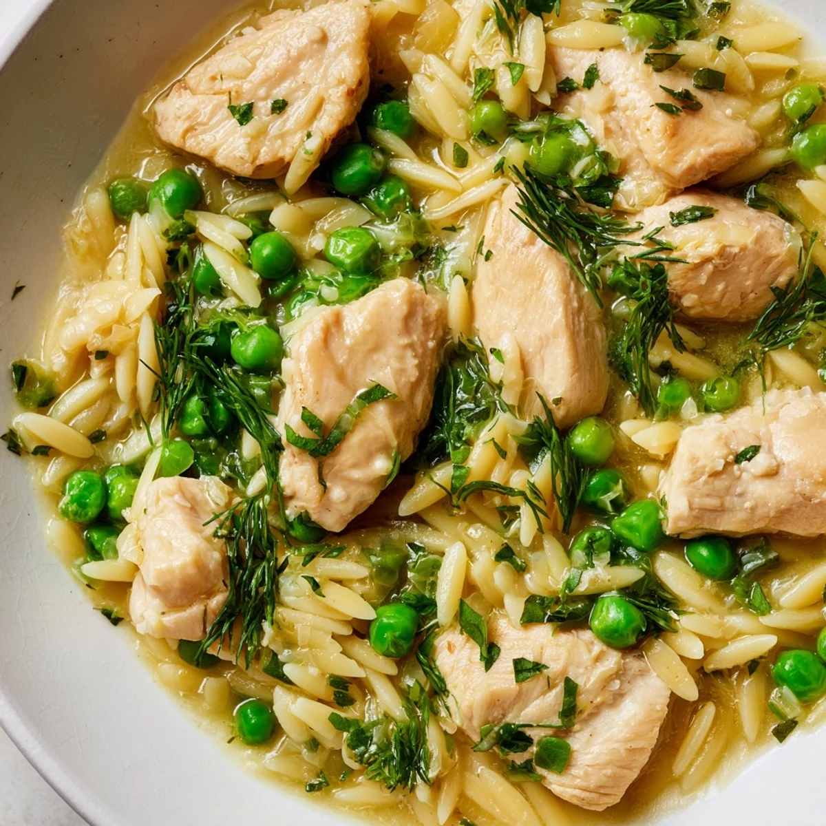 Steaming Lemon Herb Chicken Orzo Skillet in a pan, featuring golden chicken pieces and vibrant green peas nestled in herbed pasta.