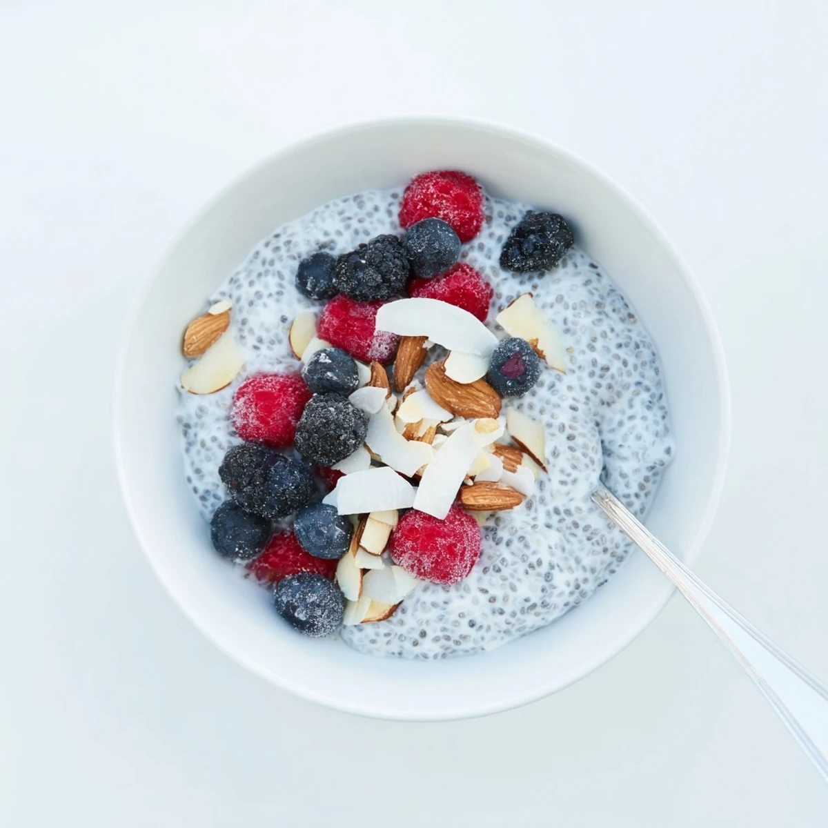 Creamy poppy seed chia pudding layered with fresh berries and toasted almonds in a glass jar.  