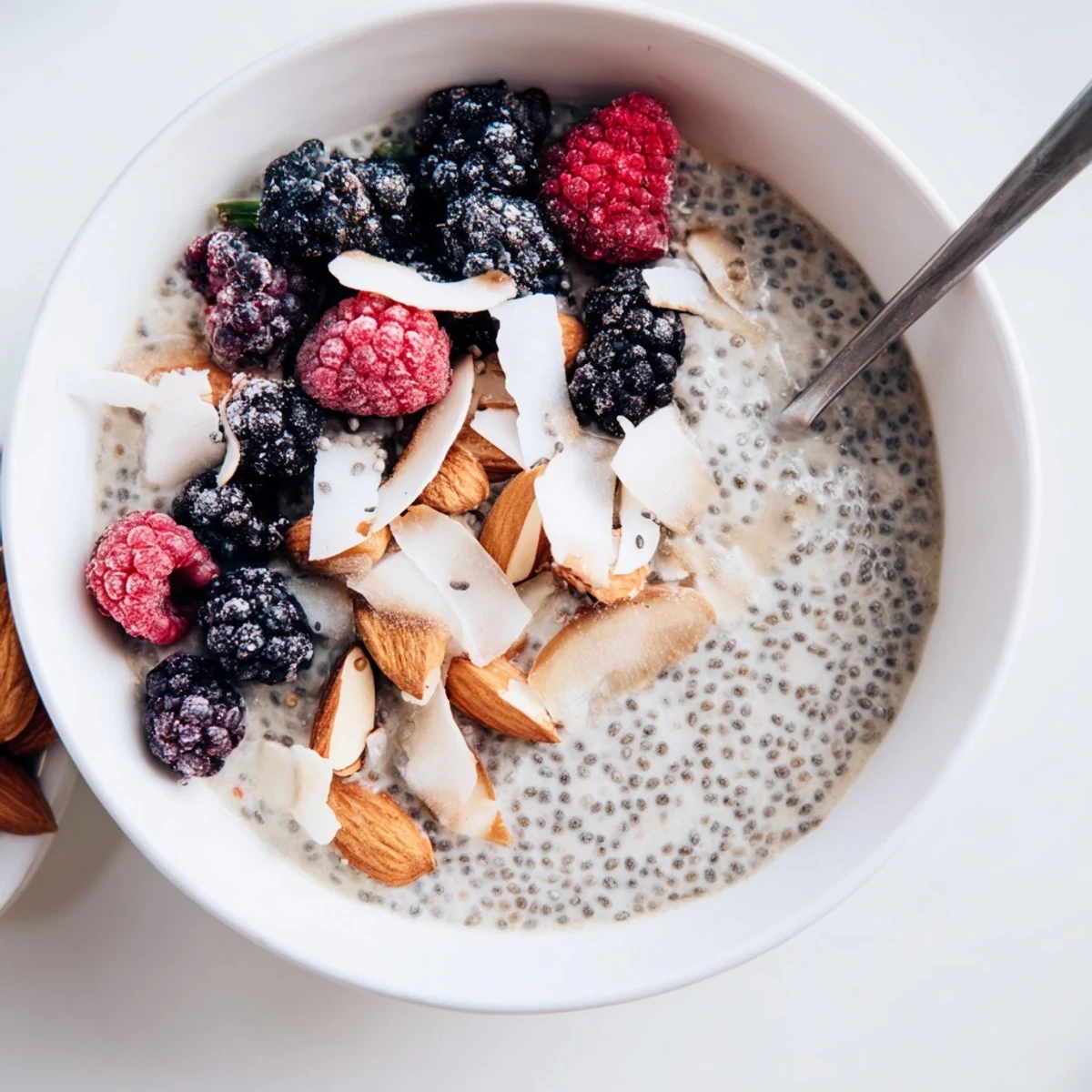 Healthy poppy seed chia pudding served with raspberries, blueberries, and crunchy almonds.