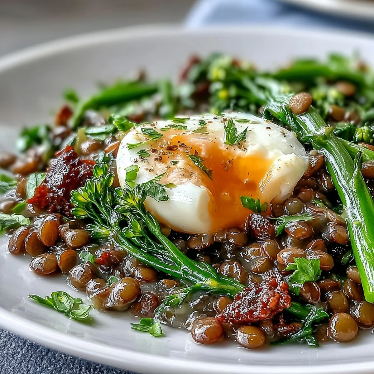 Warm French lentil salad topped with bright green broccolini and halved soft-cooked eggs with jammy yolks.