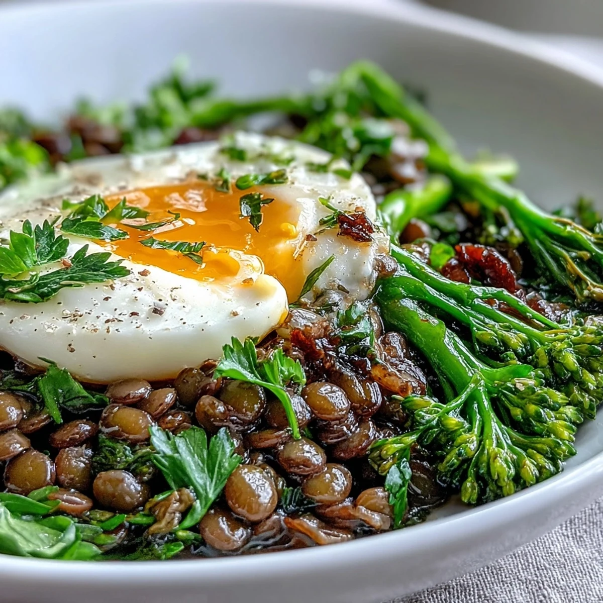 French Lentil Salad With Broccolini and Soft-Cooked Eggs plated with crumbled goat cheese and cracked black pepper.