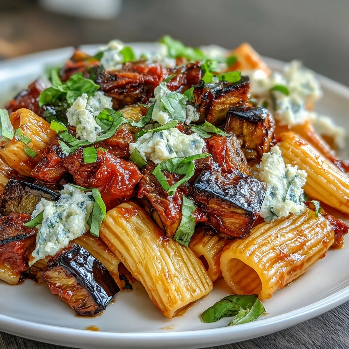 Golden roasted eggplant cubes glisten atop penne pasta, smothered in a rich, simmered tomato basil sauce and finished with crumbly ricotta salata in this classic Pasta Alla Norma.