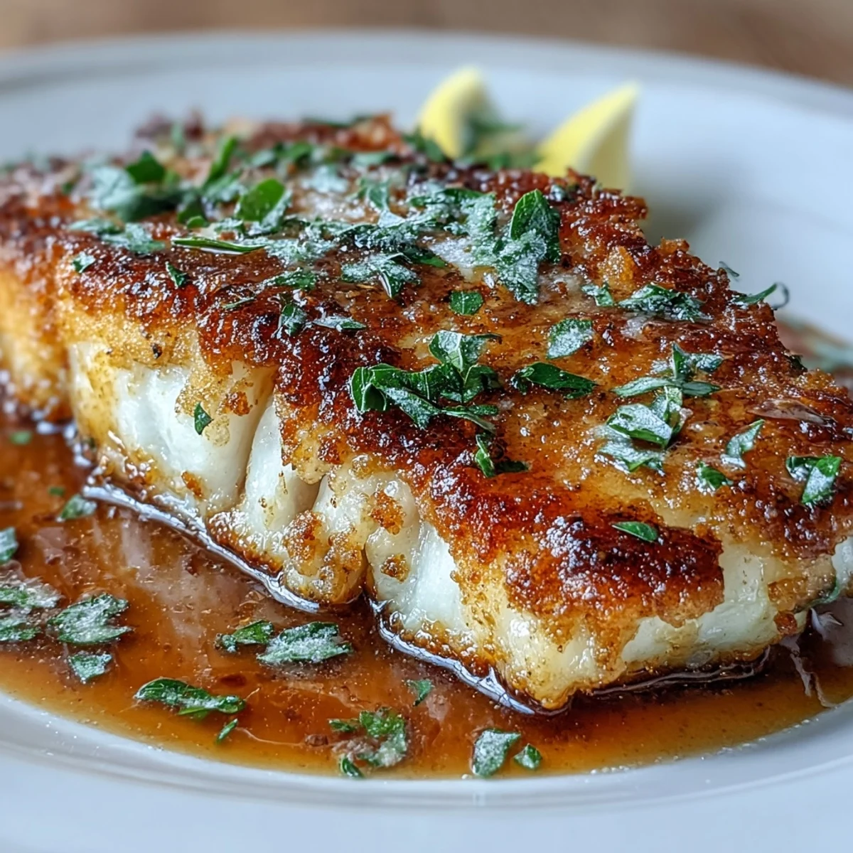 Golden-brown flounder meunière fillets drizzled with lemon-browned butter sauce and fresh parsley on a plate.