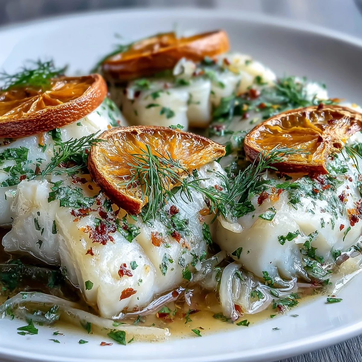 Four poached cod fillets served on white plates, garnished with sliced fennel, sweet orange segments, and fresh fennel fronds in a light aromatic broth. 