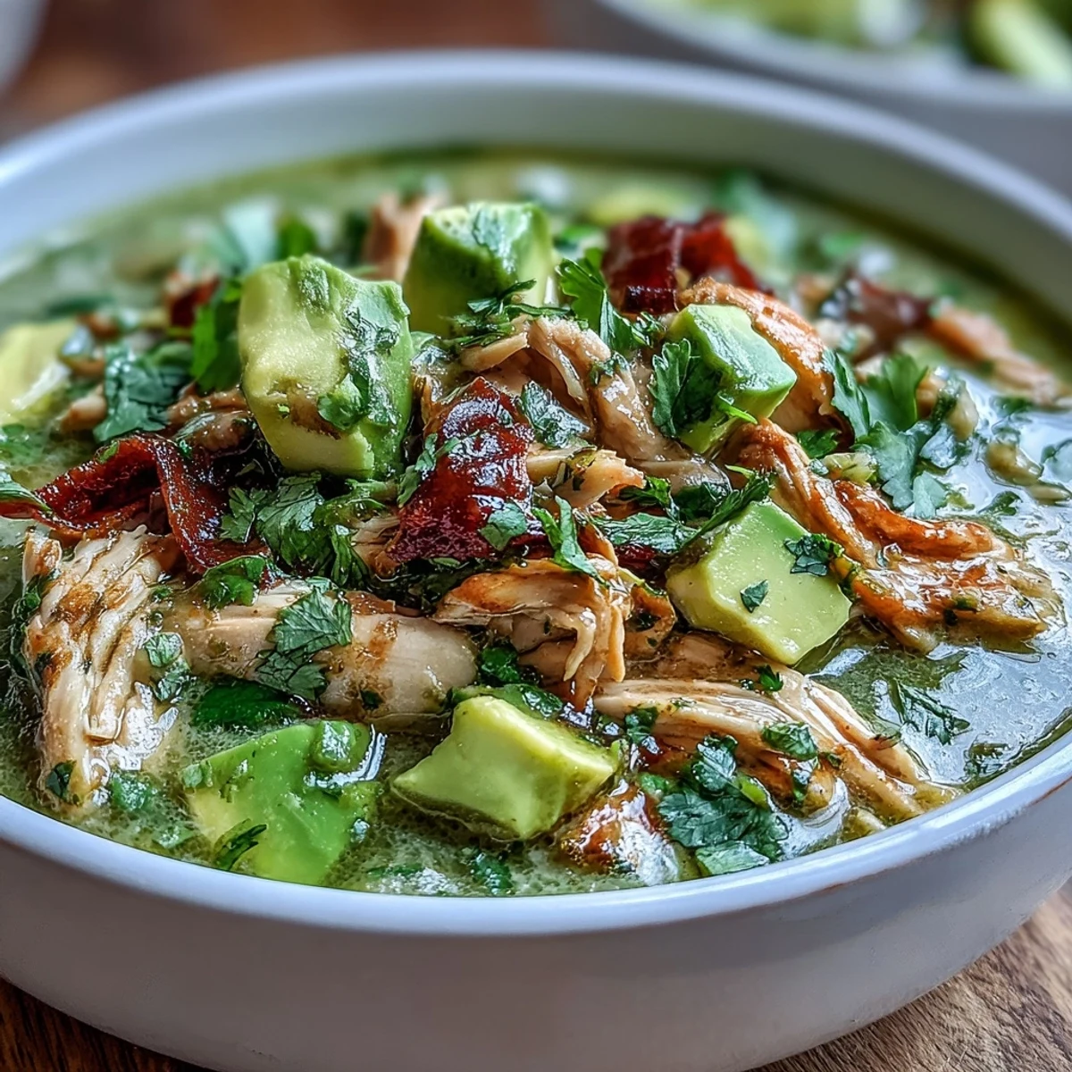 Tender shredded chicken in a vibrant green tomatillo sauce, garnished with avocado, radishes, and cilantro, ready to serve.