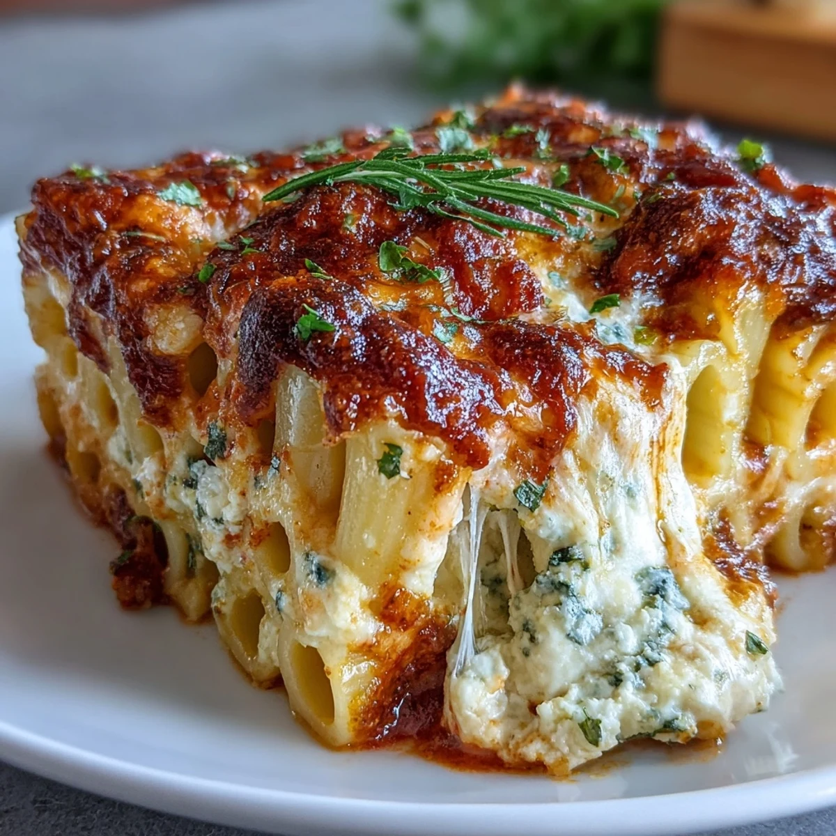 Frozen make-ahead ziti bake emerging bubbly and golden from the oven, ready for a comforting weeknight family meal.