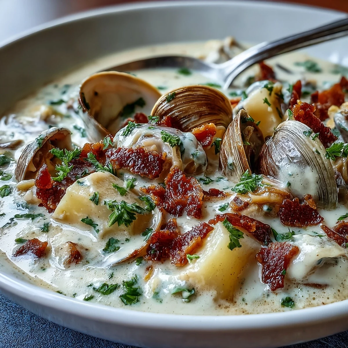Creamy New England Clam Chowder in a rustic bowl, featuring tender clams and diced potatoes, ready to serve with oyster crackers.
