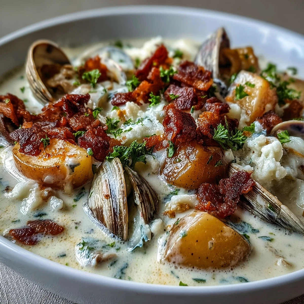 Steaming pot of homemade New England Clam Chowder, filled with rich broth, celery, onions, and salt pork, bubbling on the stove.