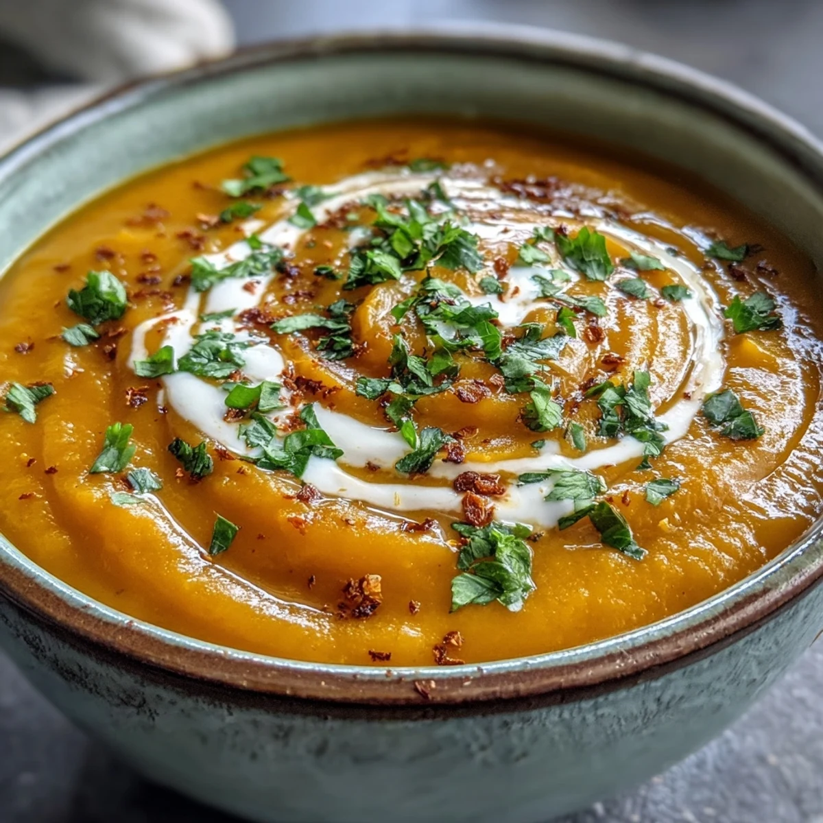 A vibrant bowl of Carrot and Lentil Soup garnished with fresh herbs and a swirl of coconut cream.