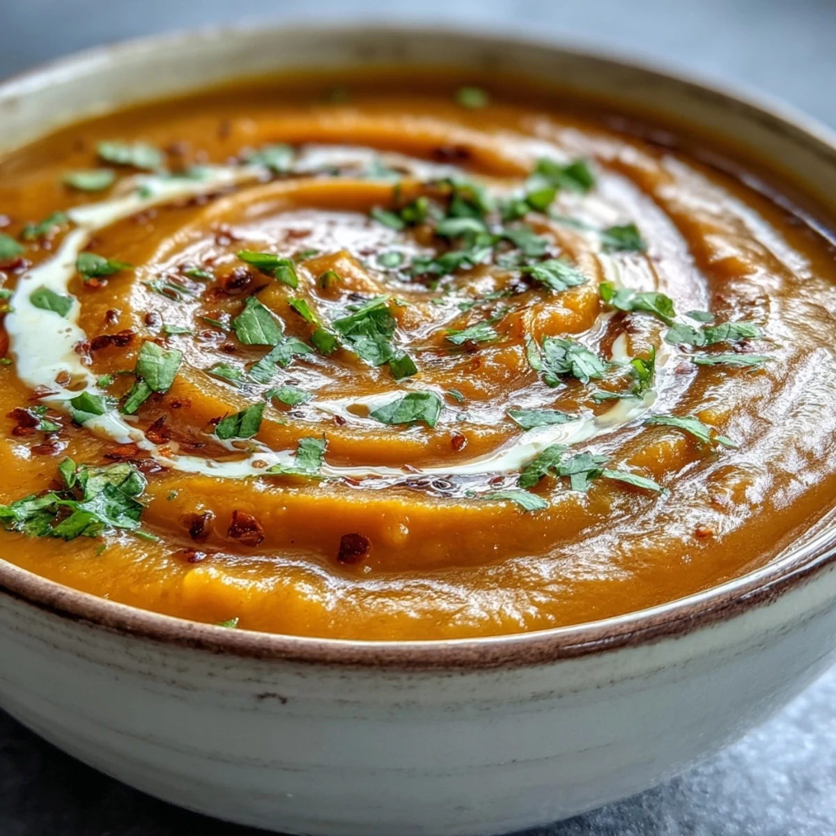 Golden-hued Carrot and Lentil Soup in a rustic bowl, highlighting the smooth, spiced vegetable blend.