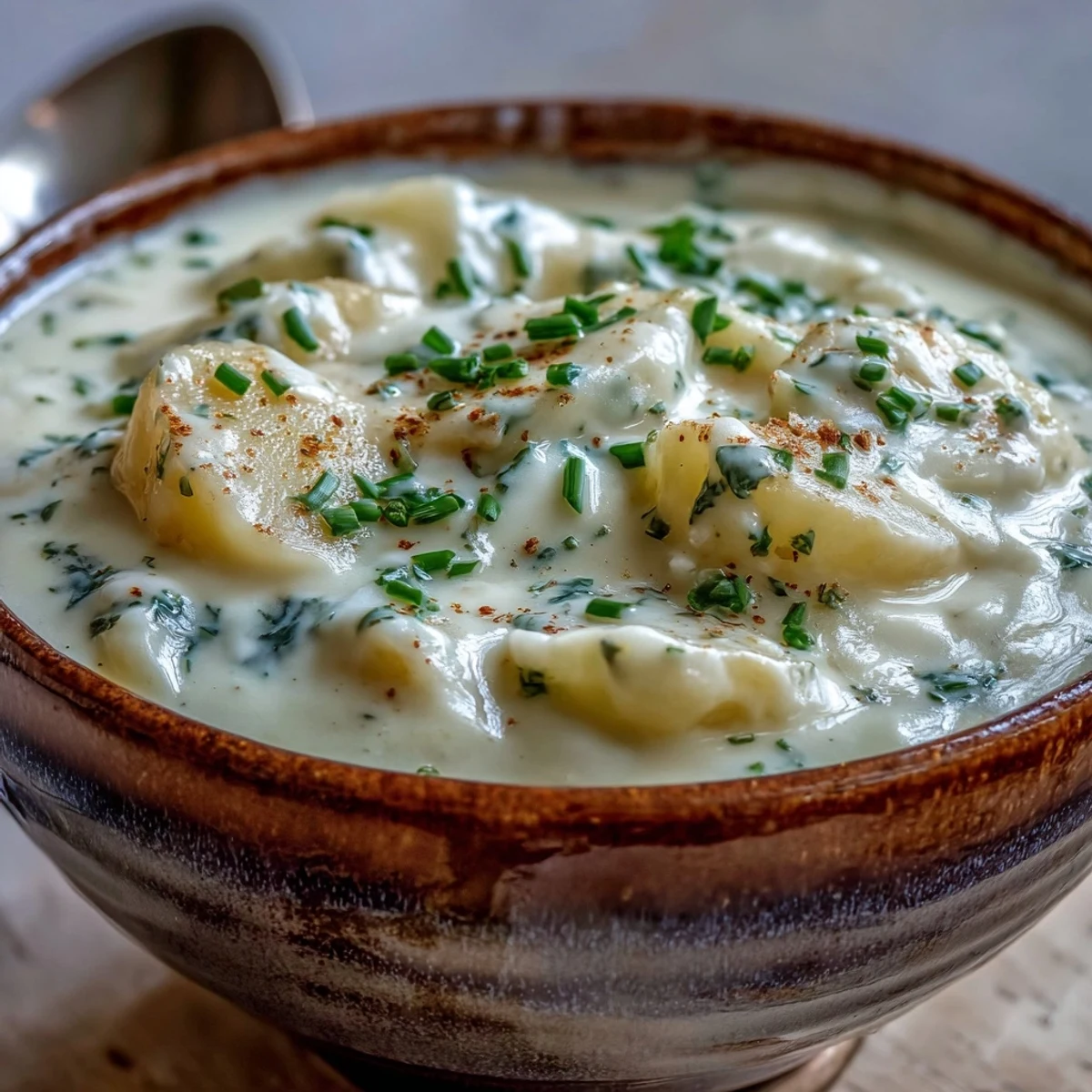 Steaming bowl of creamy Potato Leek Soup garnished with fresh chives, ready to serve with crusty bread.