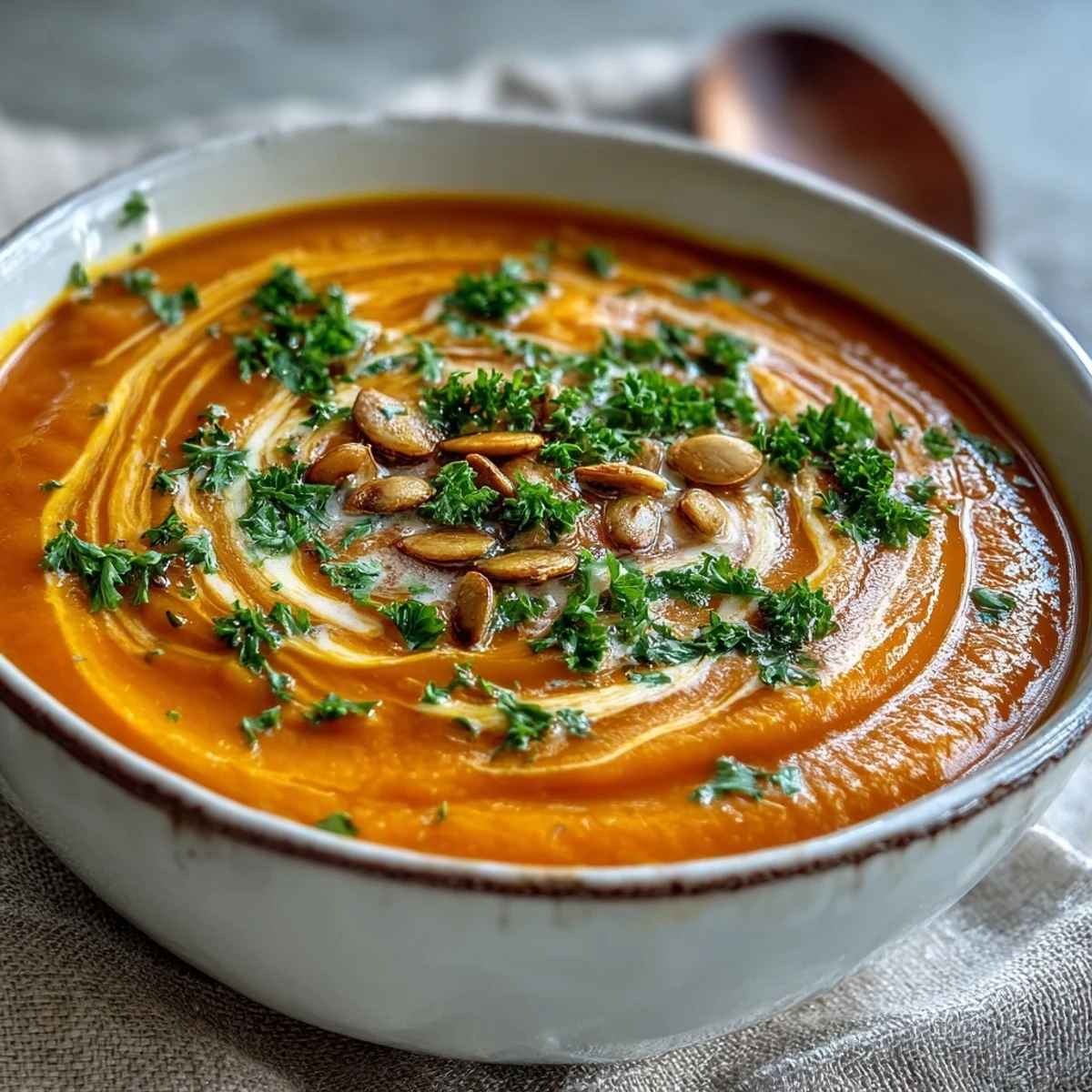 Creamy Carrot Ginger Soup served hot in a rustic bowl with a coconut milk drizzle and fresh cilantro garnish. 
