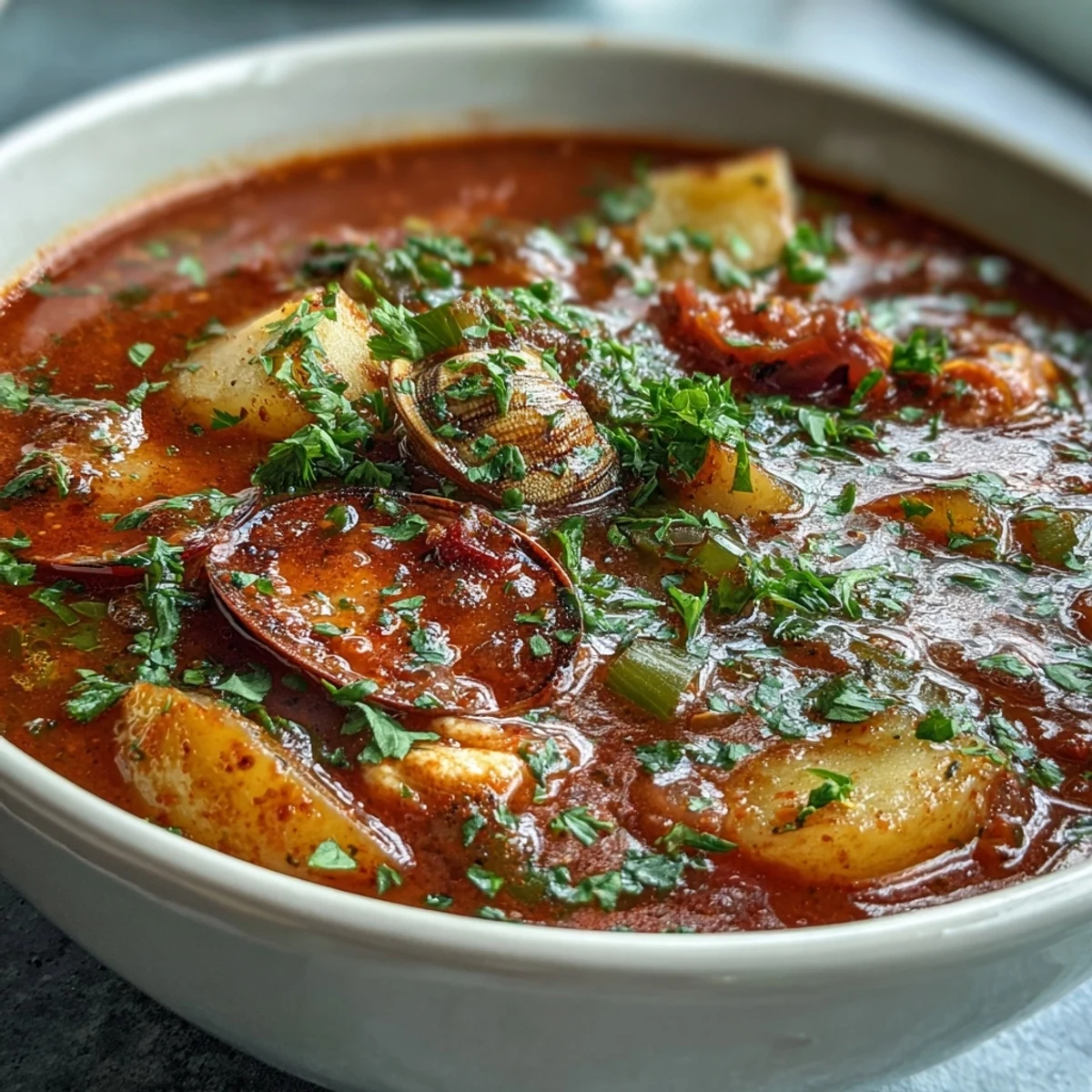 Manhattan Clam Chowder ladled into a rustic bread bowl, featuring tomatoes, celery, and carrots in a rich broth.  