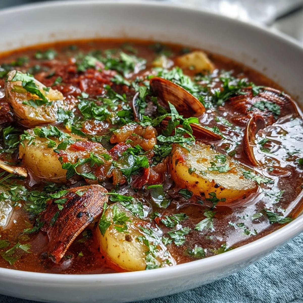 Vibrant red Manhattan Clam Chowder served hot, garnished with parsley alongside oyster crackers for dipping.