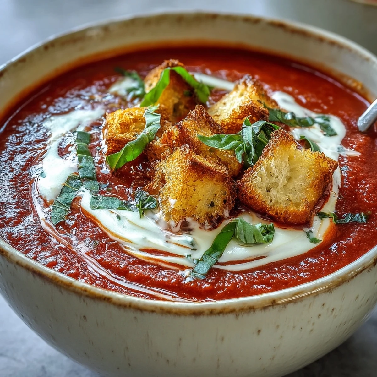Creamy Roasted Tomato Soup is served steaming hot in a rustic bowl, topped with golden homemade croutons and fresh basil garnish.