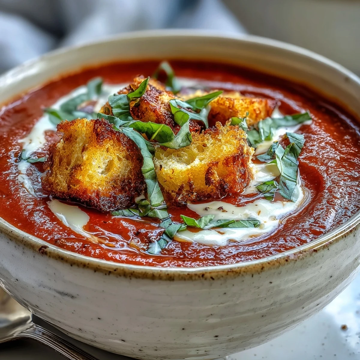 A comforting bowl of Creamy Roasted Tomato Soup paired with a grilled cheese sandwich for a classic cozy lunch.