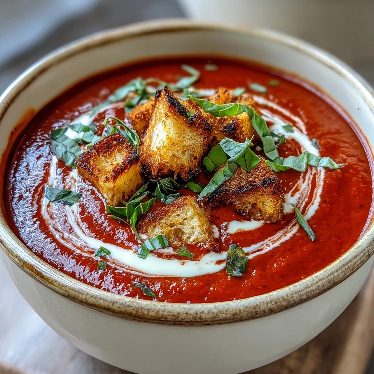 Rich red texture of homemade Creamy Roasted Tomato Soup garnished with a swirl of cream and crispy oregano croutons.