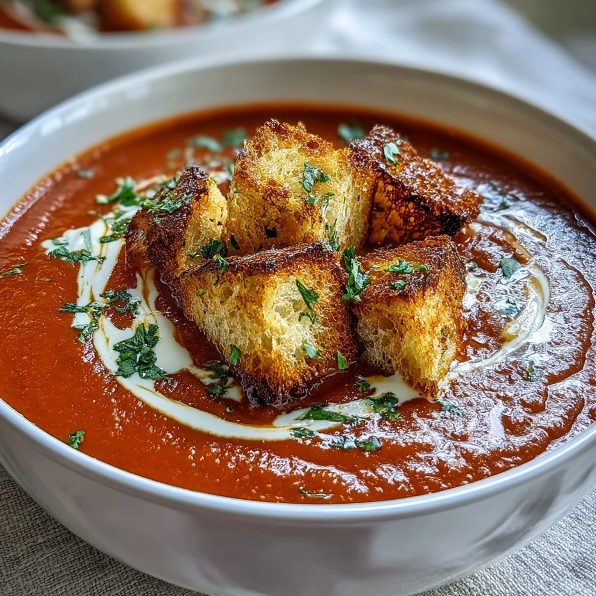 A bowl of roasted red pepper soup with crispy croutons and fresh herbs, offering a velvety texture and smoky aroma.