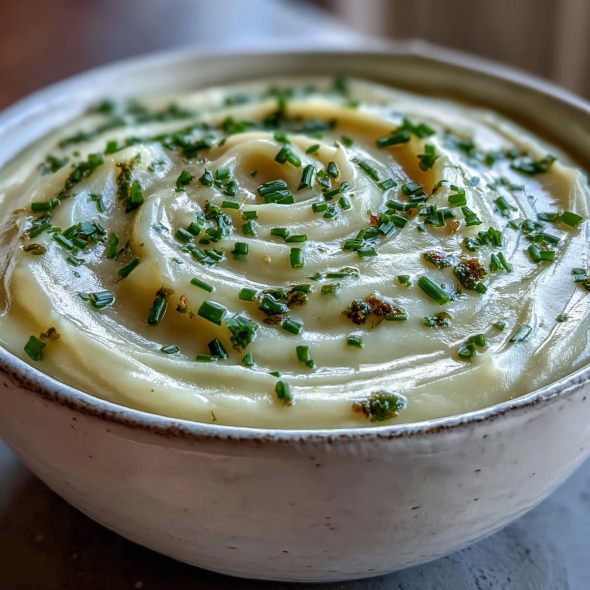 Creamy Potato Leek Soup in a rustic bowl, garnished with fresh chopped chives and a drizzle of olive oil.