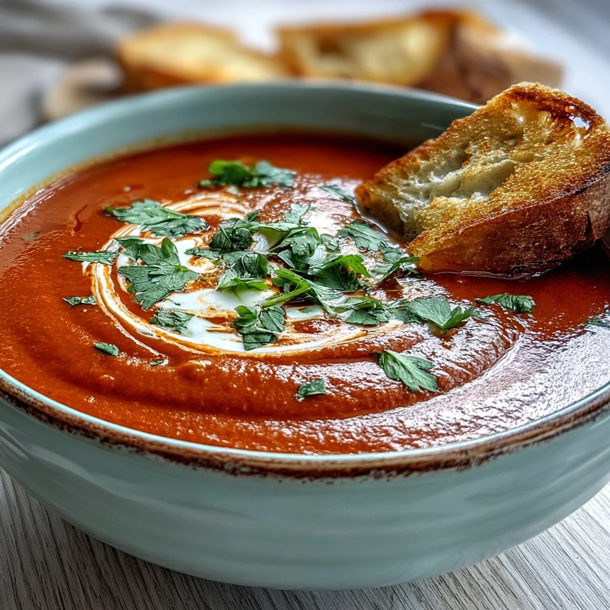 Vibrant bowl of Roasted Red Pepper Soup, swirled with creamy yogurt and topped with fresh cilantro, served alongside crusty bread.