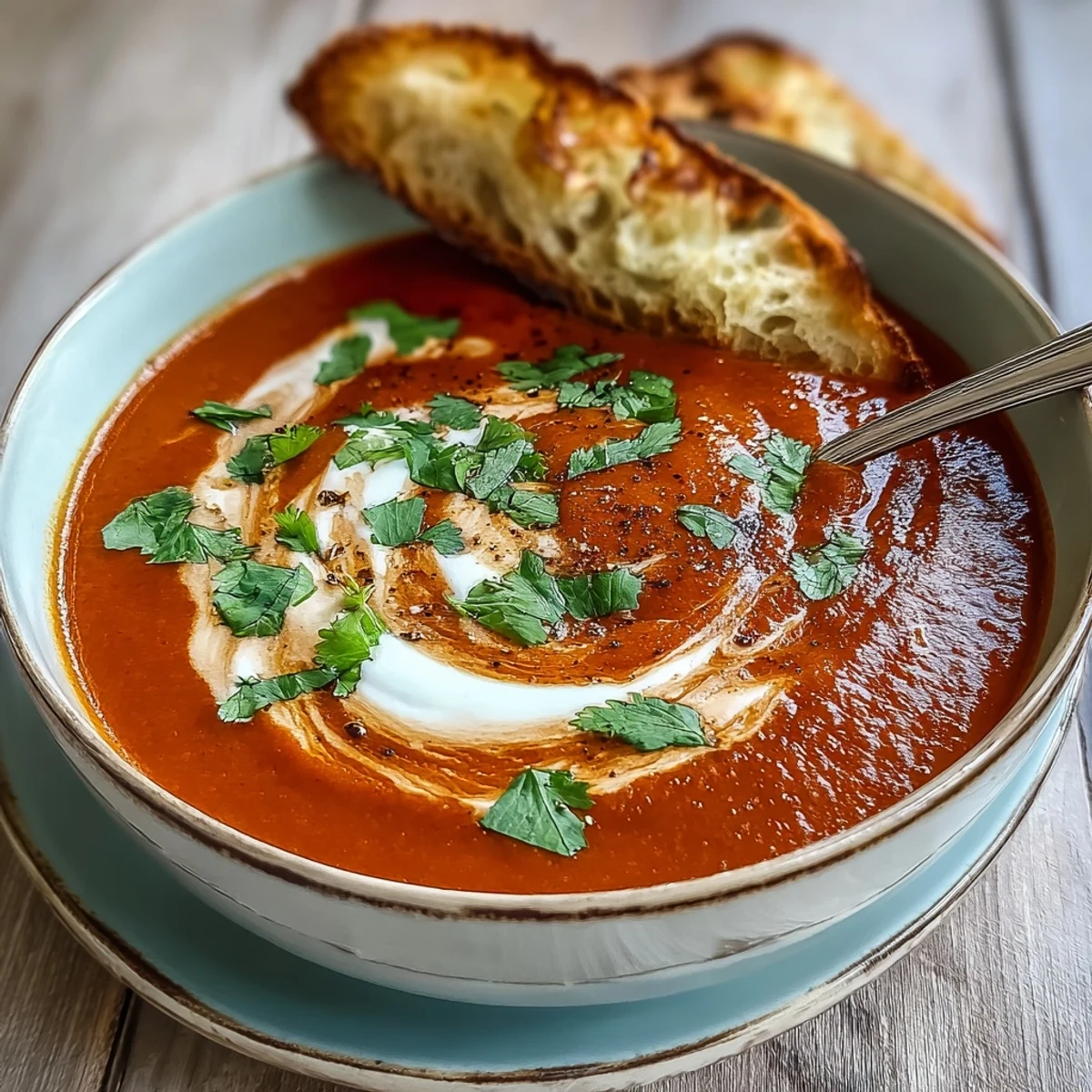 Silky Roasted Red Pepper Soup, made with charred peppers and roasted garlic, glowing a deep red in a rustic bowl.