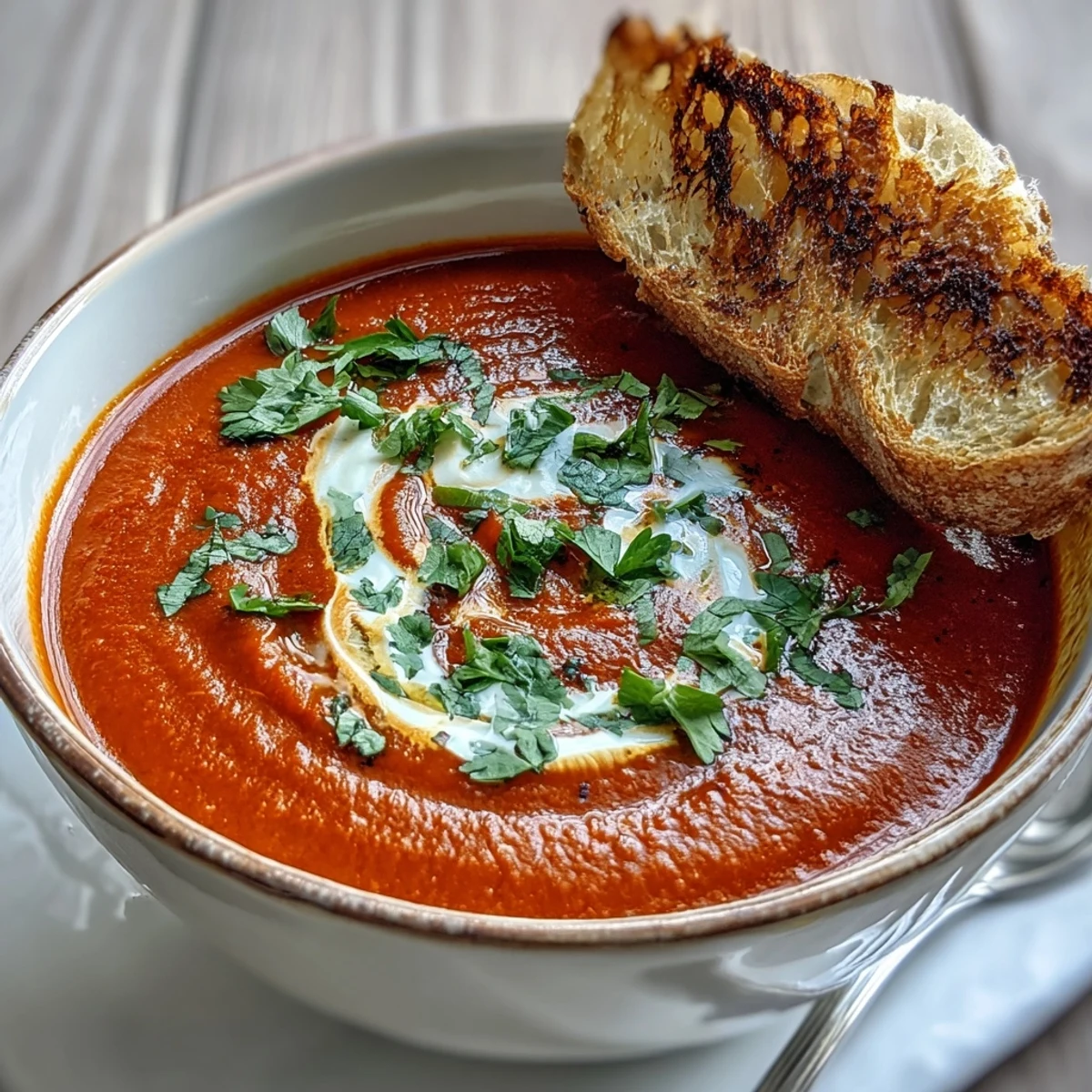 Hearty Roasted Red Pepper Soup, blended until smooth and garnished with parsley, perfect for a cozy Mediterranean-inspired dinner.