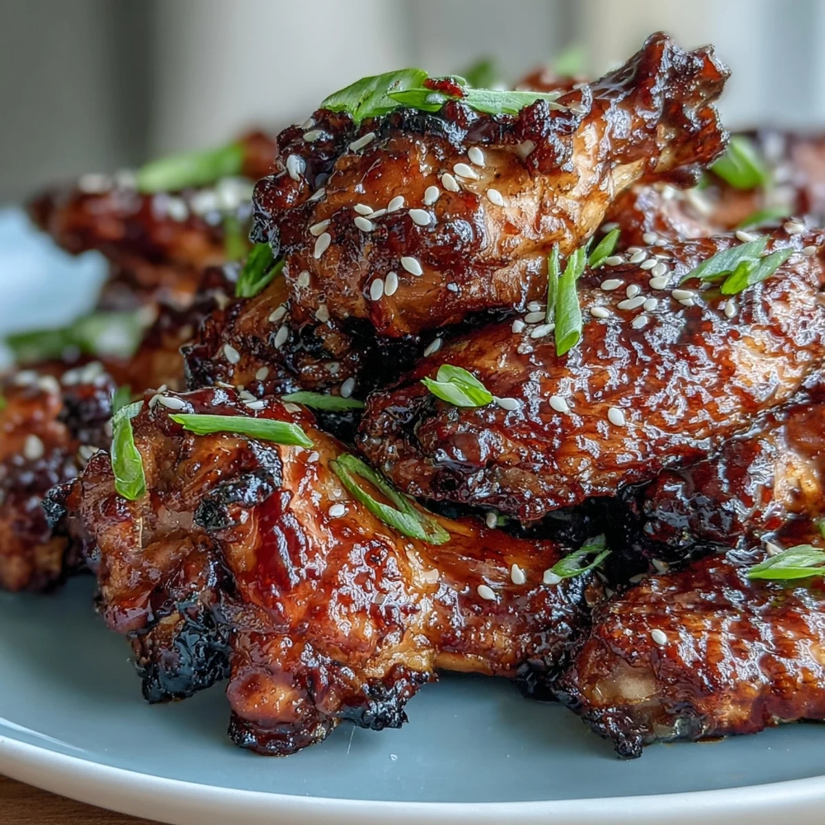 Coca Cola Chicken Wings glisten with a sticky glaze on a platter, garnished with scallions and sesame seeds for a crowd-pleasing appetizer.