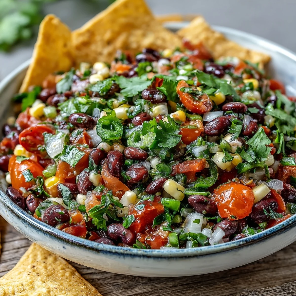 Colorful bowl of Cowboy Caviar featuring black beans, corn, bell peppers, and fresh cilantro.