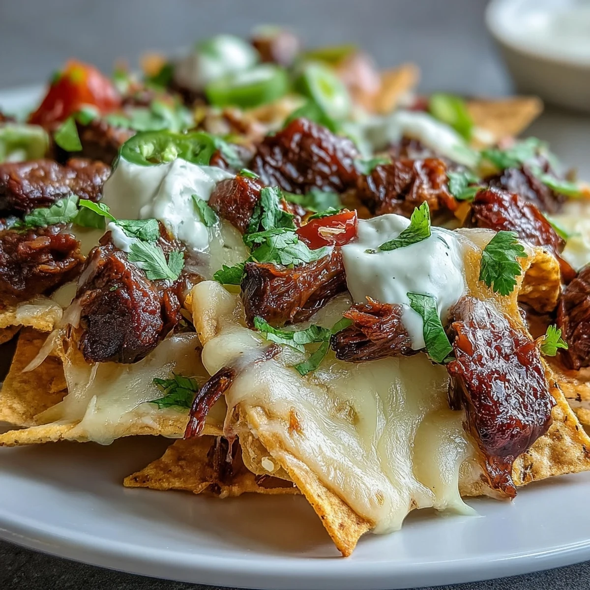 Freshly baked BBQ Beef Nachos with melted cheddar and Monterey Jack cheese, topped with sour cream, jalapeños, and fresh cilantro on a serving platter.
