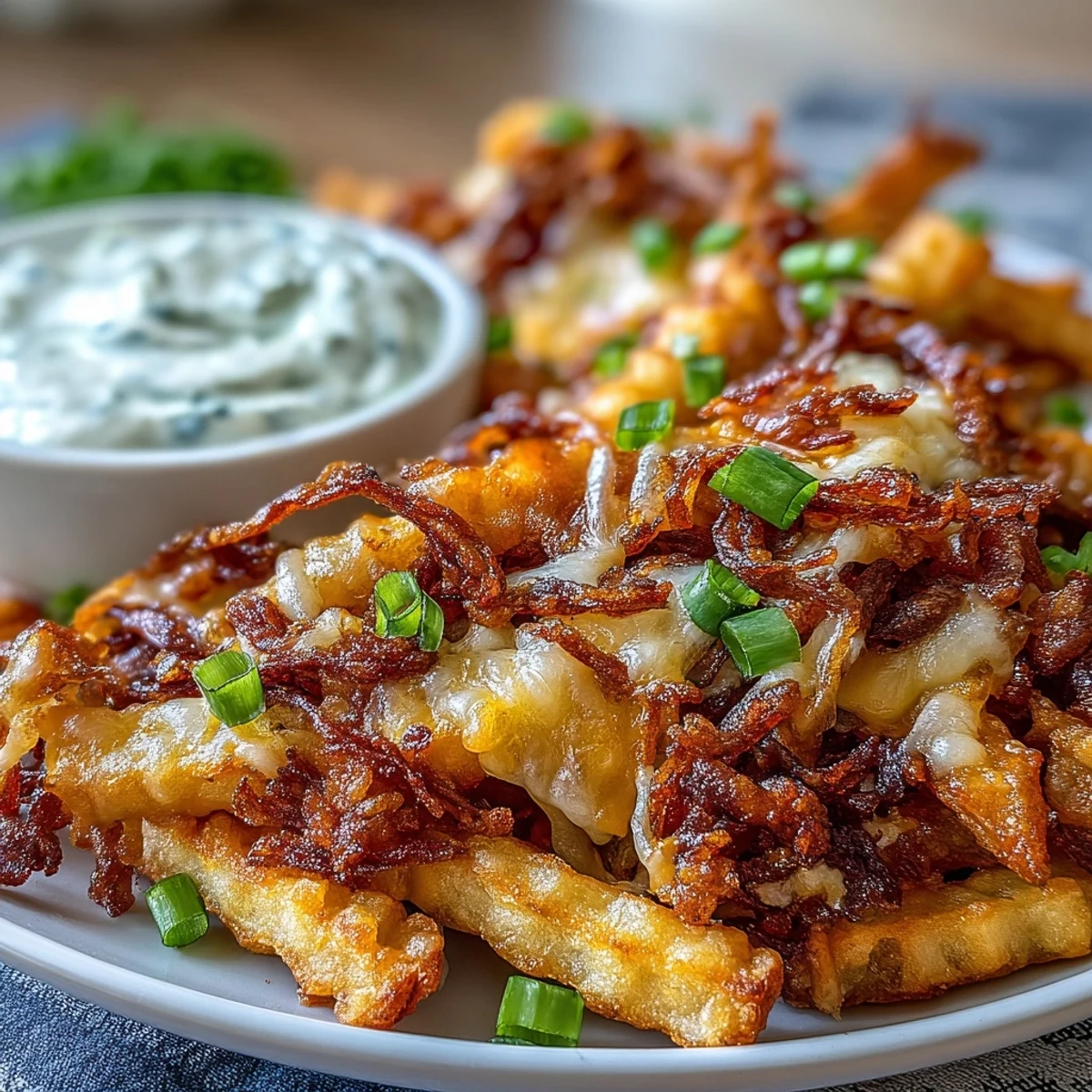 Homemade Cheesy BBQ Fries with Ranch Dip, served on a platter with a creamy dip and lager.