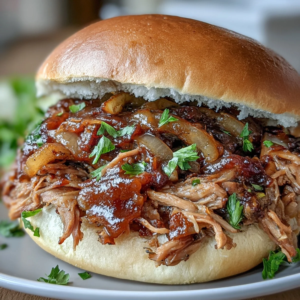 Golden brown Applesauce Pulled Pork Sandwiches piled high on toasted buns, drizzled with extra sauce.