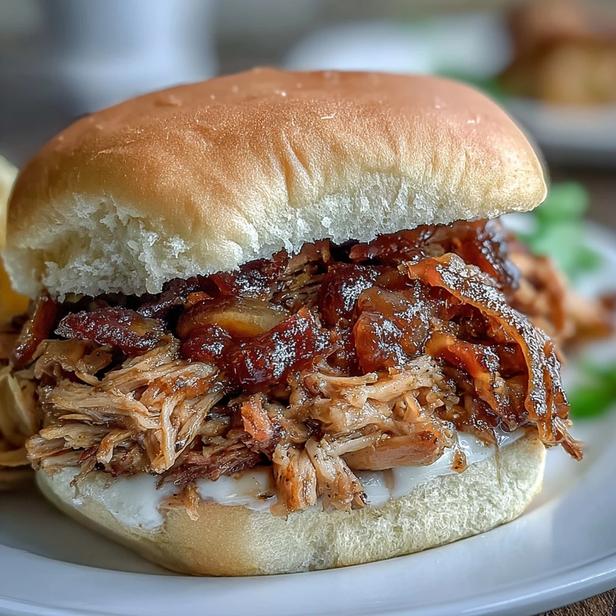 Shredded Applesauce Pulled Pork Sandwiches stuffed with tender meat and creamy coleslaw for dinner.