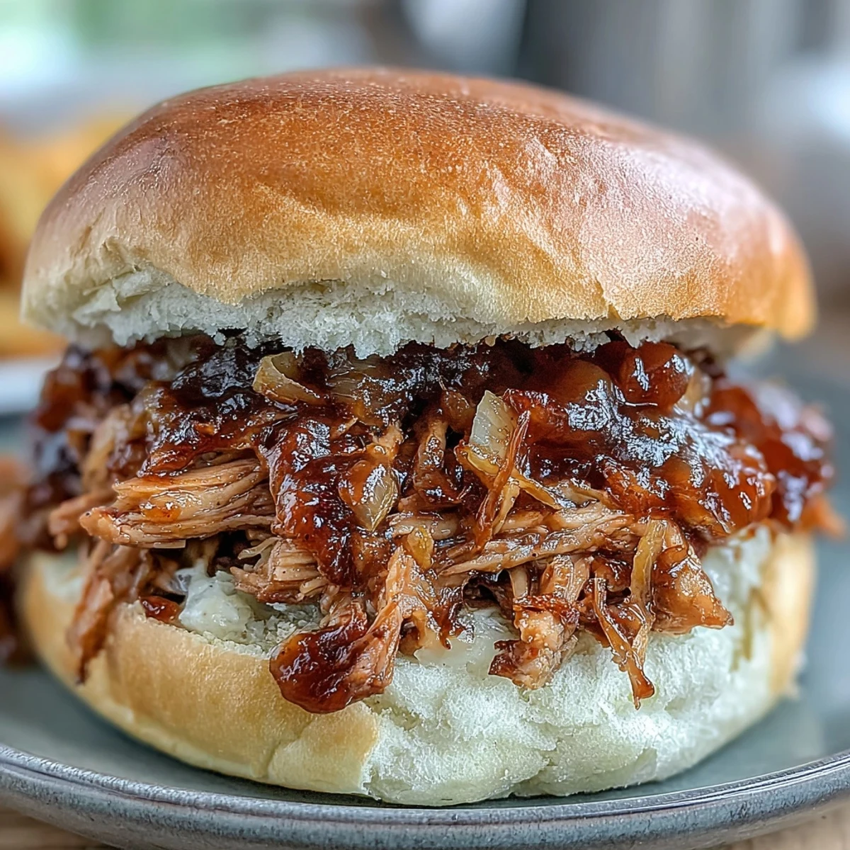 Applesauce Pulled Pork Sandwiches served on a rustic plate with pickles and potato chips on the side.
