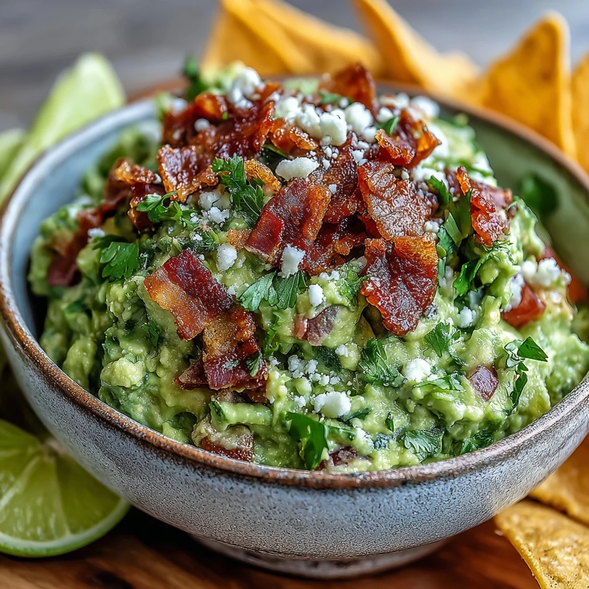 Bacon Guacamole With Cotija Cheese is garnished with cilantro and diced red onion on a white plate with sliced veggies.