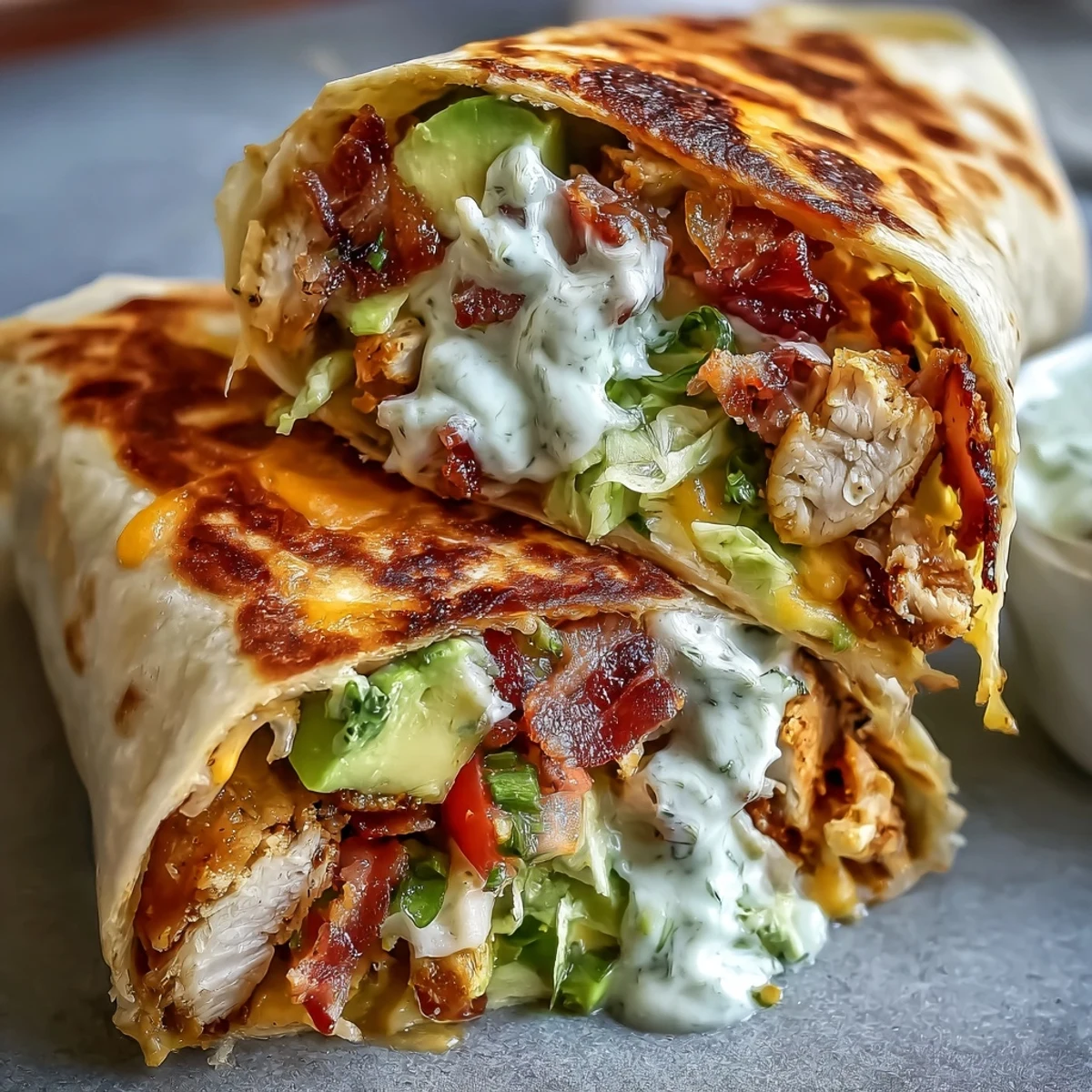 Golden-seared Crispy Chicken Bacon Wrap with melted cheddar, crispy bacon, and fresh lettuce sits cut on a wooden board.