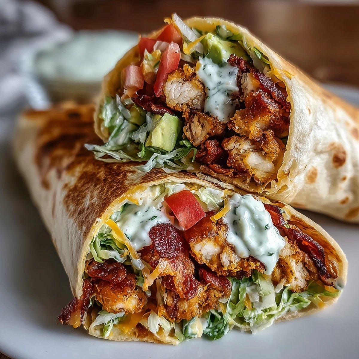 Crispy Chicken Bacon Wrap filled with creamy avocado, diced tomato, and tangy sauce, sliced to show layers on a rustic plate.