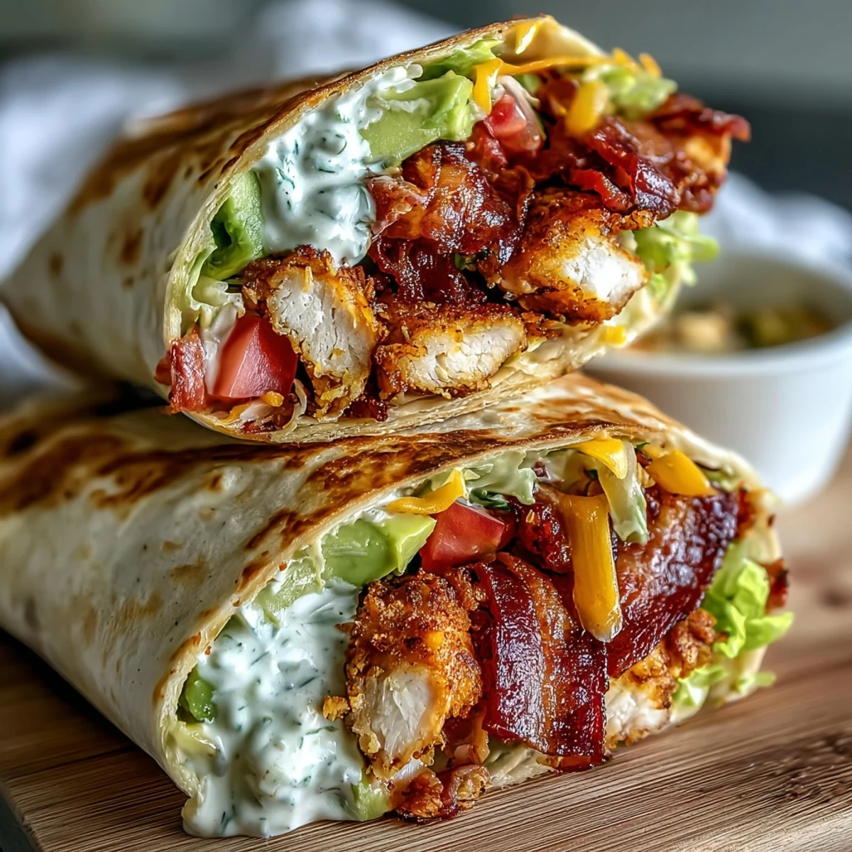 A toasted Crispy Chicken Bacon Wrap served with a small bowl of creamy dipping sauce on a striped linen napkin.