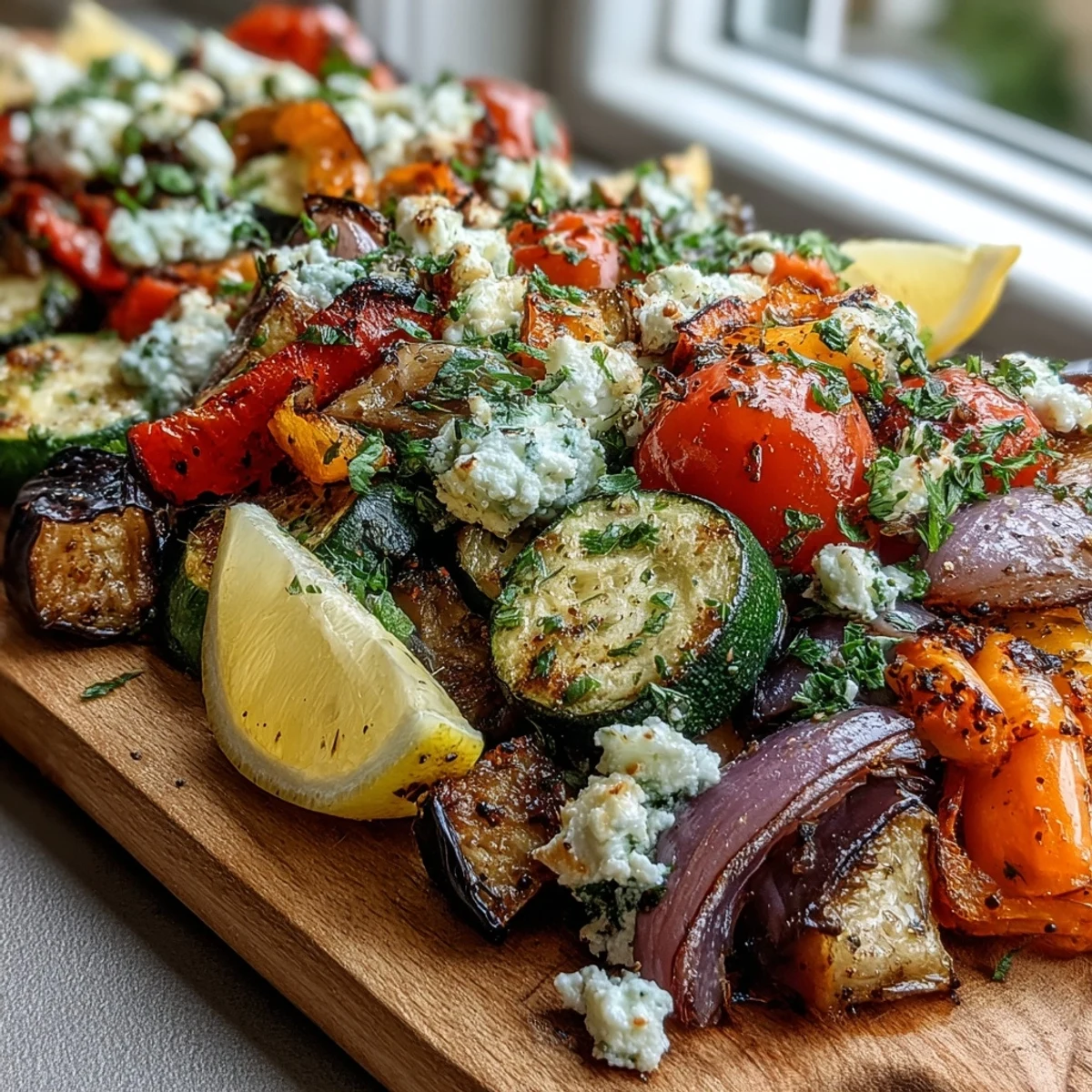 Roasted Mediterranean Greek Vegetables fresh from the oven, featuring caramelized peppers and tomatoes with crumbled feta on a baking sheet.