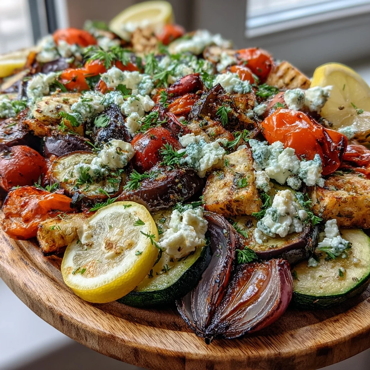 Vibrant platter of Roasted Mediterranean Greek Vegetables served warm, pairing colorful roasted veggies with feta for an easy weeknight dinner.