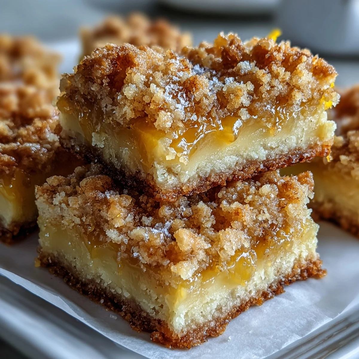 Homemade Lemon Crumb Bars dusted with powdered sugar, served on a white plate ready for afternoon tea.
